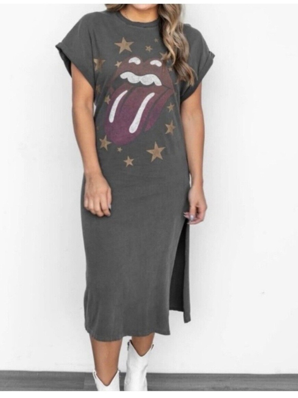 Daydreamer Gray Maxi Dress with Red and Gold Accents - NWT